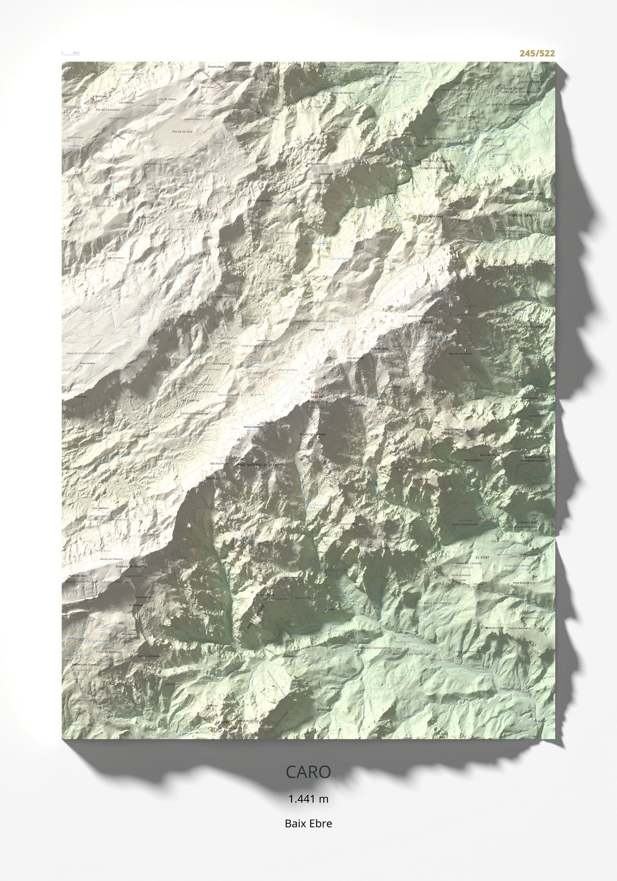 Mapa de relieve de Caro, 1441 m, Baix Ebre, lámina 100 Cims de Trobart 70 × 100 cm.