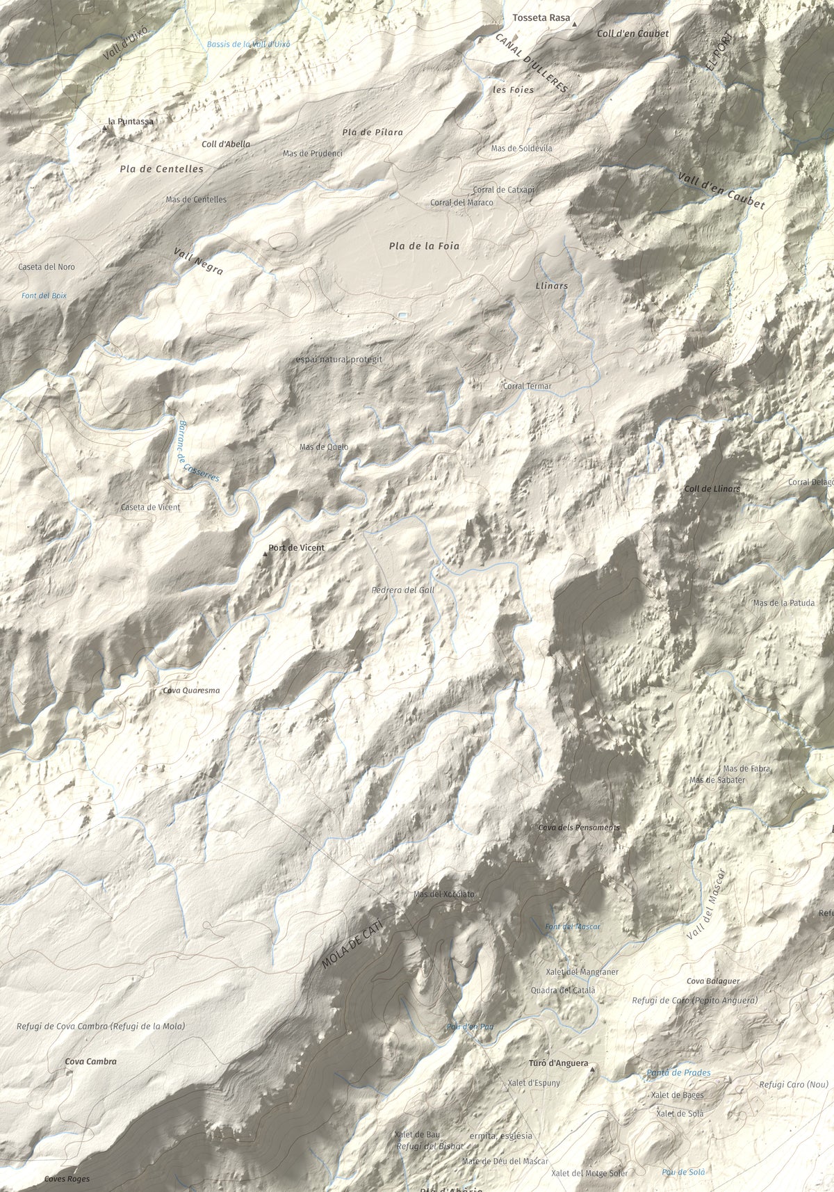 Mapa de relieve de Caro, 1441 m, Baix Ebre, lámina 100 Cims de Trobart. Detalle de la zona superior izquierda. 70 × 100 cm.