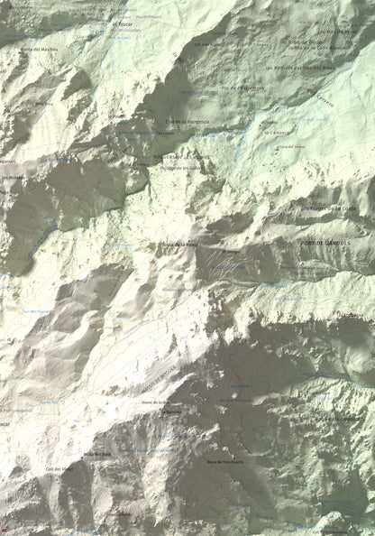 Mapa de relieve de Caro, 1441 m, Baix Ebre, lámina 100 Cims de Trobart. Detalle de la zona superior derecha. 70 × 100 cm.