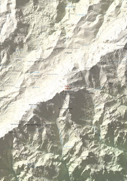 Mapa de relieve de Caro, 1441 m, Baix Ebre, lámina 100 Cims de Trobart. Detalle de la zona central. 70 × 100 cm.