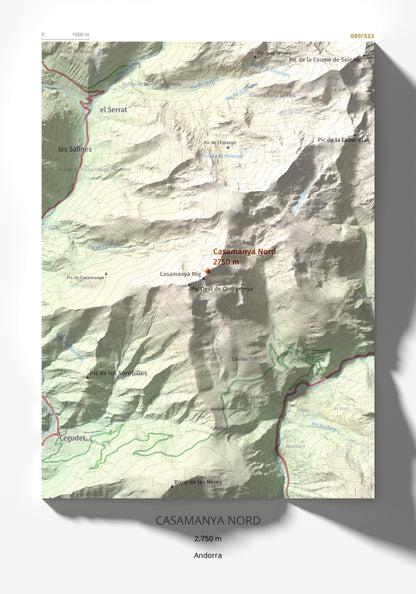 Mapa de relieve de Casamanya Nord, 2750 m, Andorra, lámina 100 Cims de Trobart 21 × 30 cm.