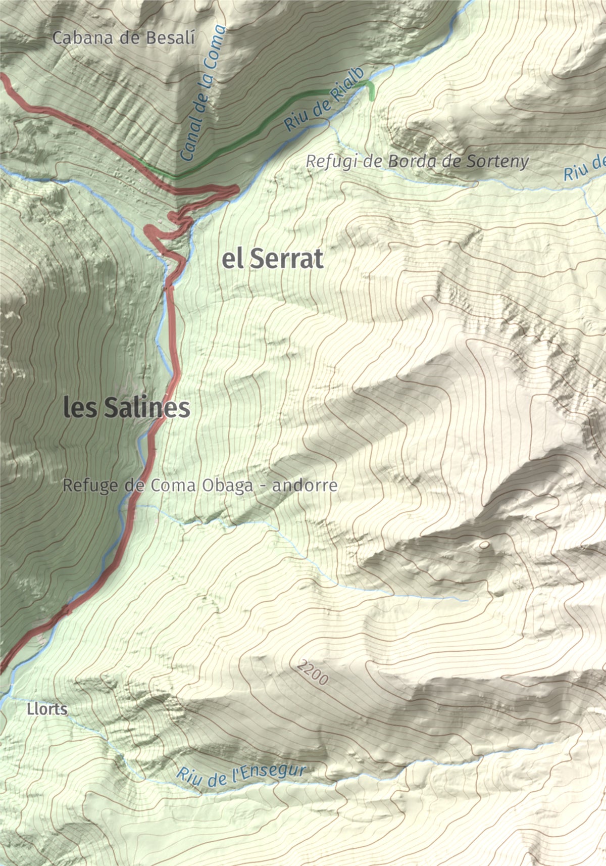 Mapa de relieve de Casamanya Nord, 2750 m, Andorra, lámina 100 Cims de Trobart. Detalle de la zona superior izquierda. 21 × 30 cm.