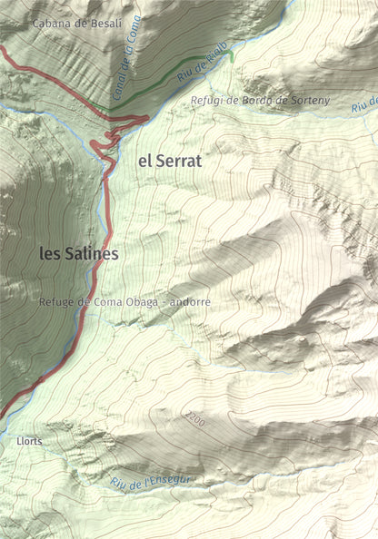 Mapa de relieve de Casamanya Nord, 2750 m, Andorra, lámina 100 Cims de Trobart. Detalle de la zona superior izquierda. 21 × 30 cm.