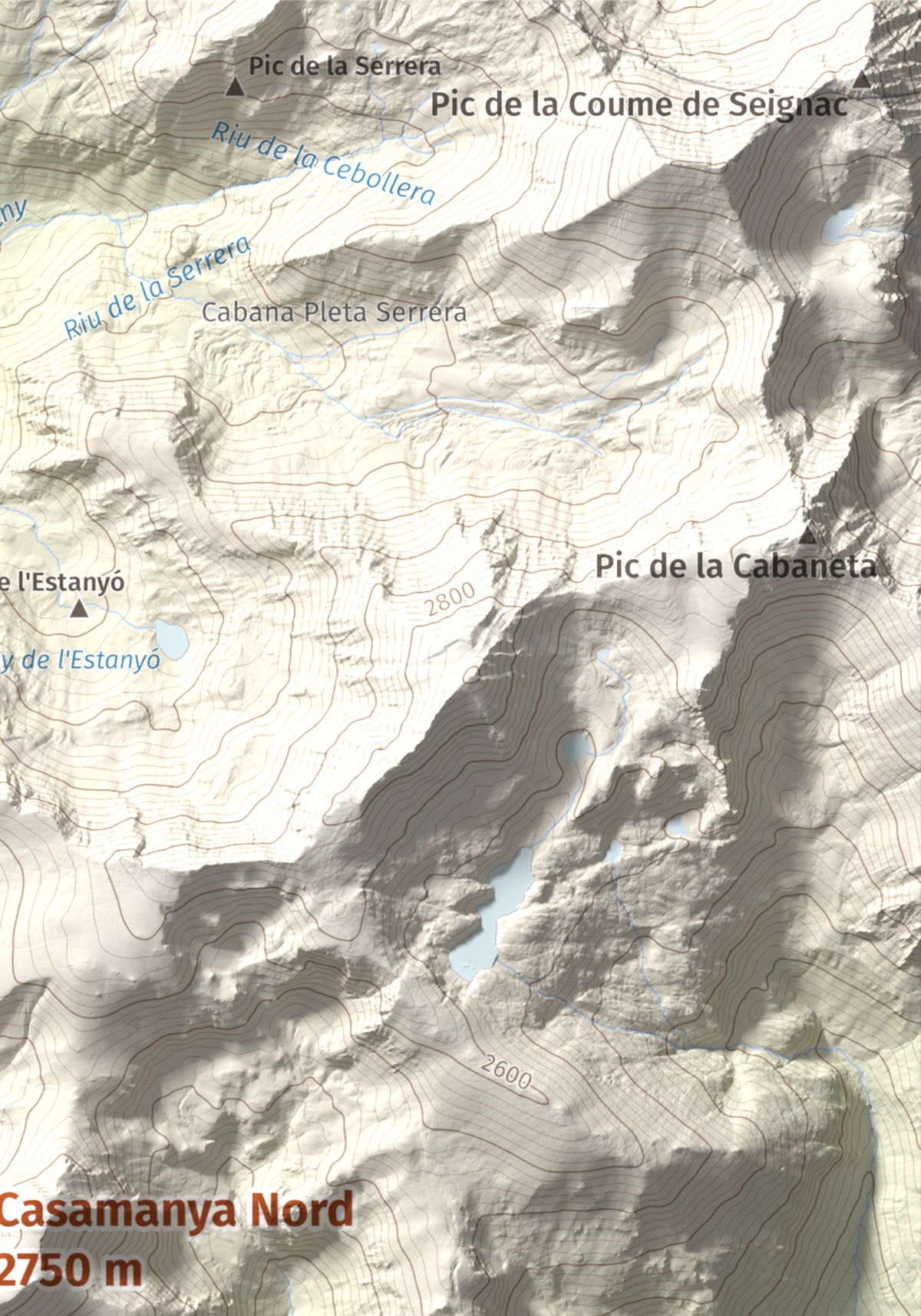 Mapa de relieve de Casamanya Nord, 2750 m, Andorra, lámina 100 Cims de Trobart. Detalle de la zona superior derecha. 21 × 30 cm.