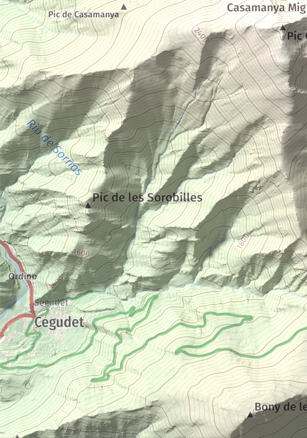Mapa de relieve de Casamanya Nord, 2750 m, Andorra, lámina 100 Cims de Trobart. Detalle de la zona inferior izquierda. 21 × 30 cm.