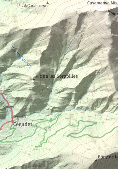 Mapa de relieve de Casamanya Nord, 2750 m, Andorra, lámina 100 Cims de Trobart. Detalle de la zona inferior izquierda. 21 × 30 cm.