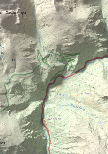 Mapa de relieve de Casamanya Nord, 2750 m, Andorra, lámina 100 Cims de Trobart. Detalle de la zona inferior derecha. 21 × 30 cm.