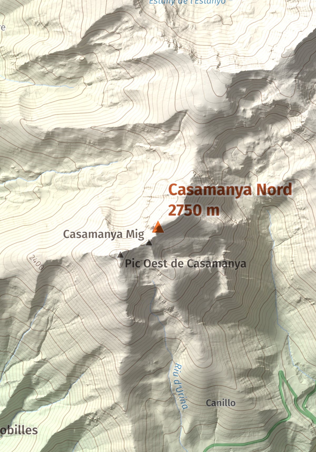 Mapa de relieve de Casamanya Nord, 2750 m, Andorra, lámina 100 Cims de Trobart. Detalle de la zona central. 21 × 30 cm.