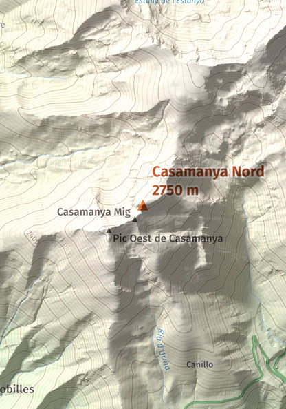 Mapa de relieve de Casamanya Nord, 2750 m, Andorra, lámina 100 Cims de Trobart. Detalle de la zona central. 21 × 30 cm.