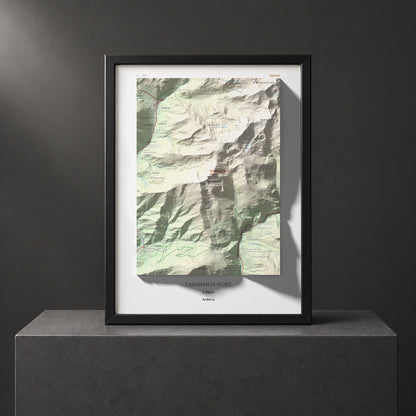 Mapa de relieve de Casamanya Nord, 2750 m, Andorra, lámina 100 Cims de Trobart. Presentación enmarcada. 30 × 40 cm.
