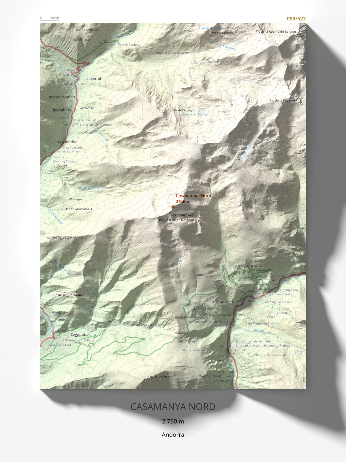 Mapa de relieve de Casamanya Nord, 2750 m, Andorra, lámina 100 Cims de Trobart 30 × 40 cm.