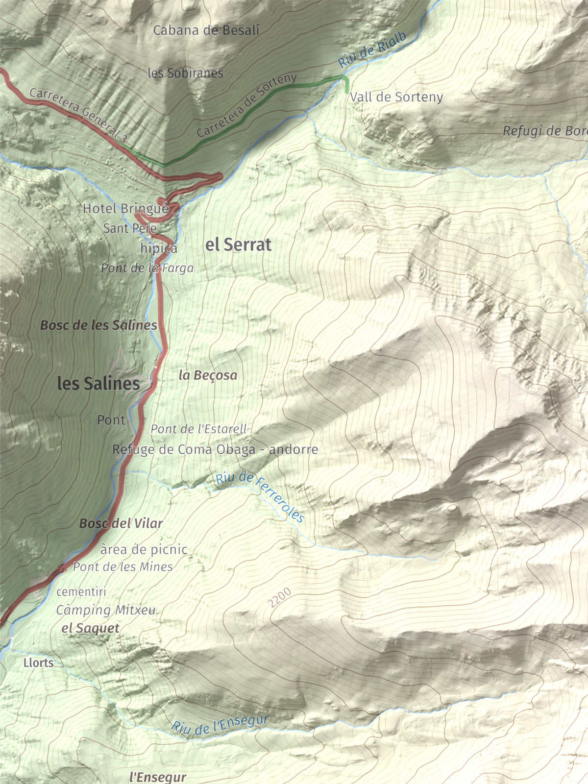 Mapa de relieve de Casamanya Nord, 2750 m, Andorra, lámina 100 Cims de Trobart. Detalle de la zona superior izquierda. 30 × 40 cm.