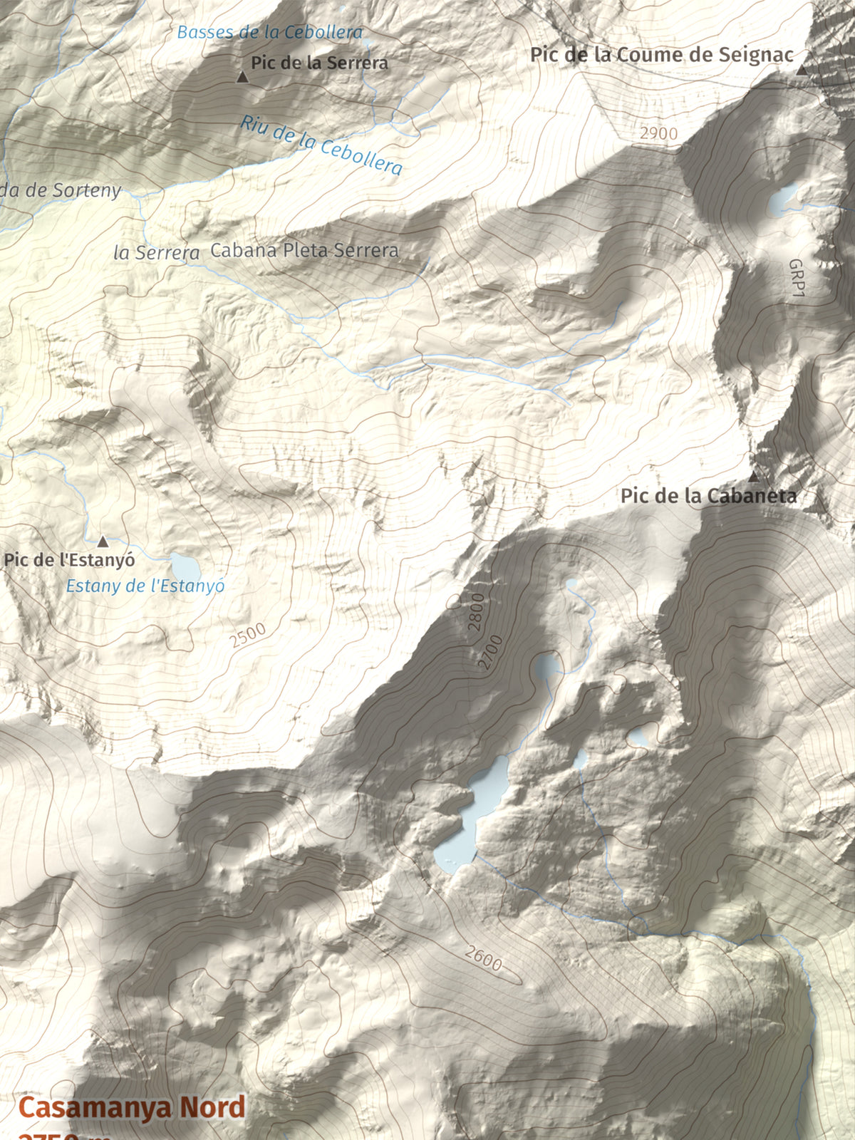 Mapa de relieve de Casamanya Nord, 2750 m, Andorra, lámina 100 Cims de Trobart. Detalle de la zona superior derecha. 30 × 40 cm.