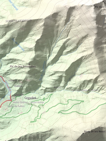 Mapa de relieve de Casamanya Nord, 2750 m, Andorra, lámina 100 Cims de Trobart. Detalle de la zona inferior izquierda. 30 × 40 cm.