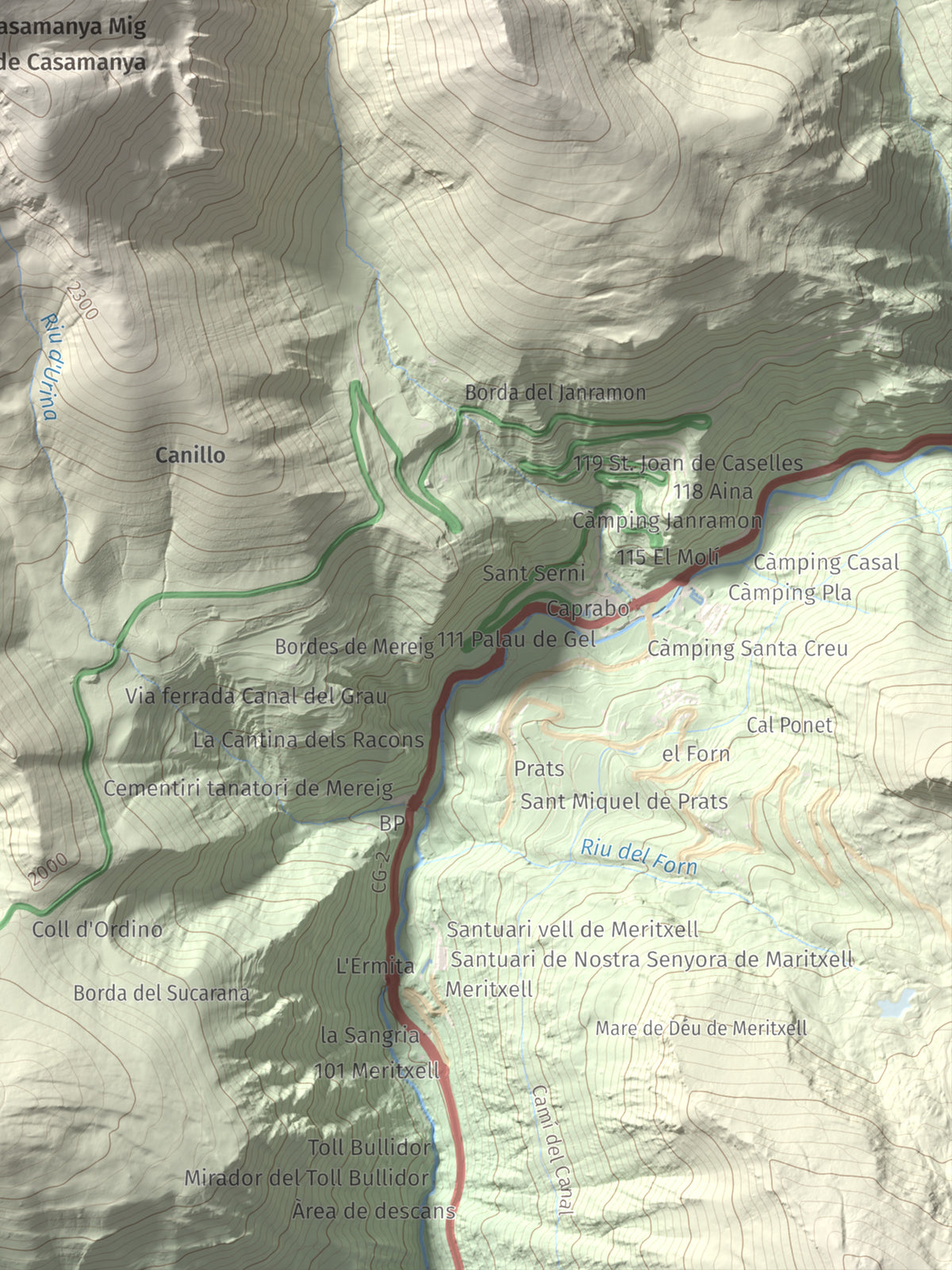 Mapa de relieve de Casamanya Nord, 2750 m, Andorra, lámina 100 Cims de Trobart. Detalle de la zona inferior derecha. 30 × 40 cm.