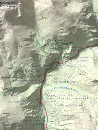 Mapa de relieve de Casamanya Nord, 2750 m, Andorra, lámina 100 Cims de Trobart. Detalle de la zona inferior derecha. 30 × 40 cm.
