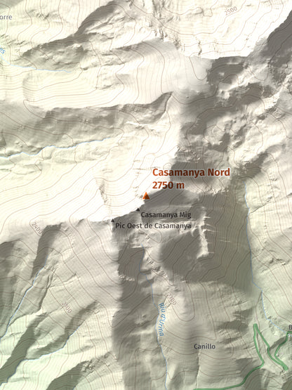 Mapa de relieve de Casamanya Nord, 2750 m, Andorra, lámina 100 Cims de Trobart. Detalle de la zona central. 30 × 40 cm.