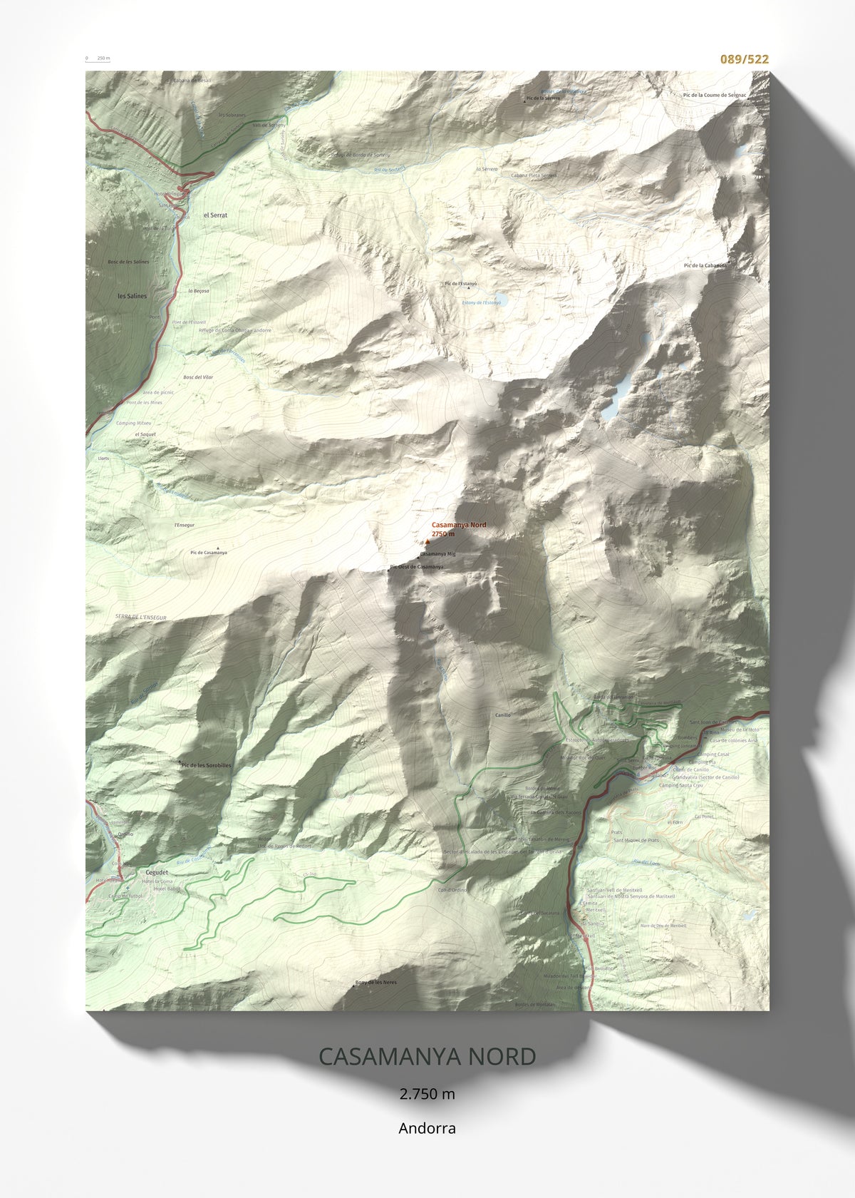 Mapa de relieve de Casamanya Nord, 2750 m, Andorra, lámina 100 Cims de Trobart 50 × 70 cm.