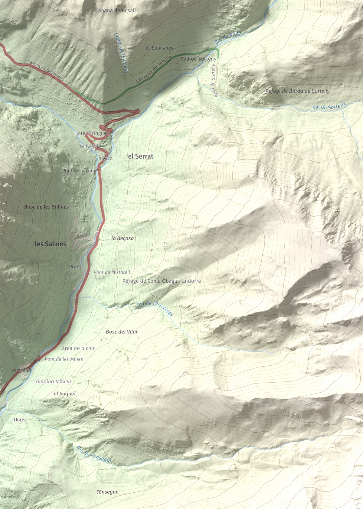 Mapa de relieve de Casamanya Nord, 2750 m, Andorra, lámina 100 Cims de Trobart. Detalle de la zona superior izquierda. 50 × 70 cm.
