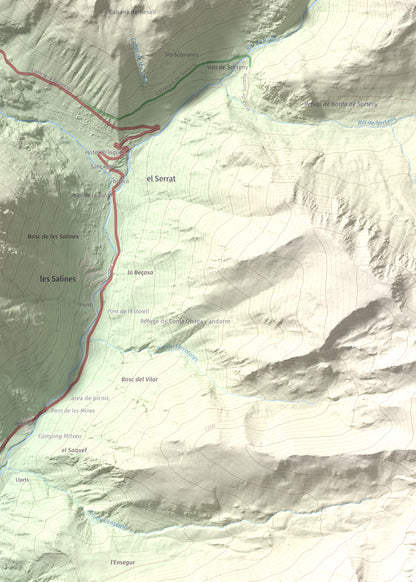 Mapa de relieve de Casamanya Nord, 2750 m, Andorra, lámina 100 Cims de Trobart. Detalle de la zona superior izquierda. 50 × 70 cm.