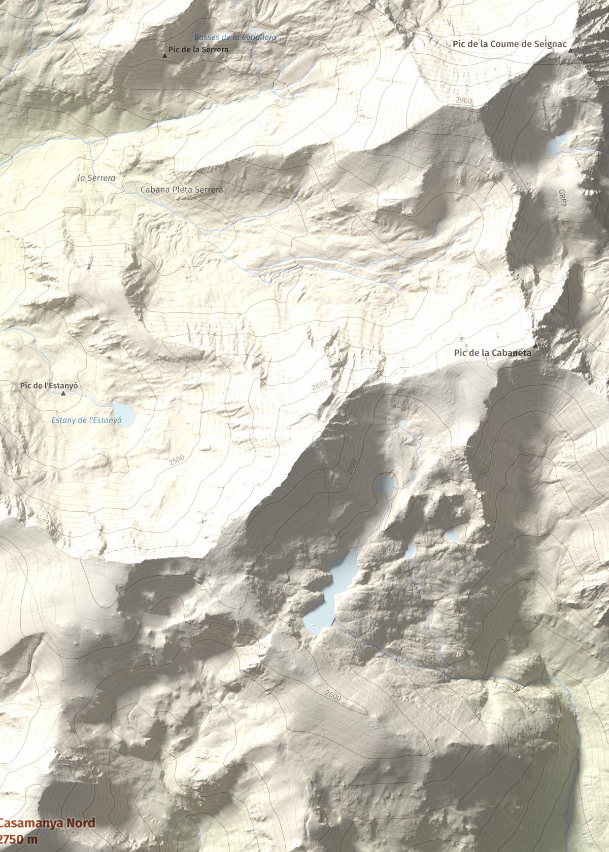 Mapa de relieve de Casamanya Nord, 2750 m, Andorra, lámina 100 Cims de Trobart. Detalle de la zona superior derecha. 50 × 70 cm.