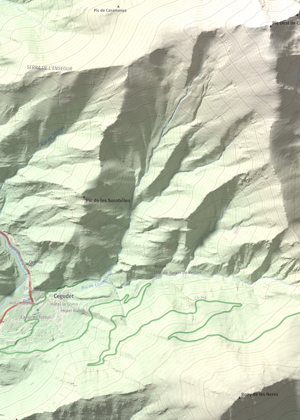 Mapa de relieve de Casamanya Nord, 2750 m, Andorra, lámina 100 Cims de Trobart. Detalle de la zona inferior izquierda. 50 × 70 cm.
