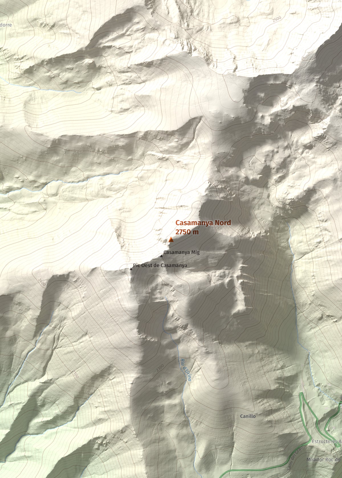 Mapa de relieve de Casamanya Nord, 2750 m, Andorra, lámina 100 Cims de Trobart. Detalle de la zona central. 50 × 70 cm.