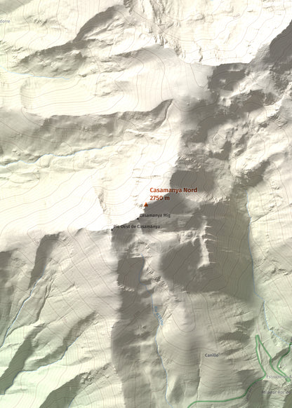 Mapa de relieve de Casamanya Nord, 2750 m, Andorra, lámina 100 Cims de Trobart. Detalle de la zona central. 50 × 70 cm.