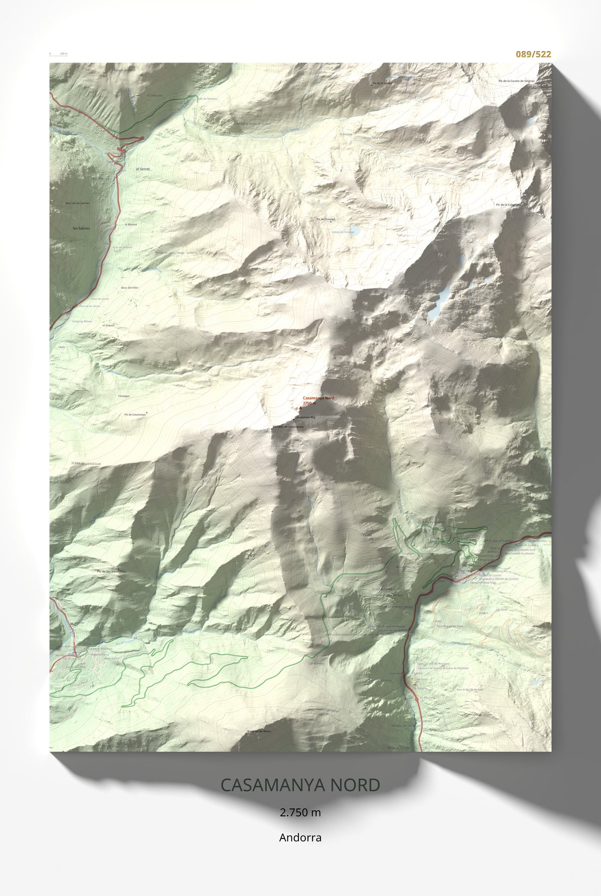 Mapa de relieve de Casamanya Nord, 2750 m, Andorra, lámina 100 Cims de Trobart 61 × 91 cm.