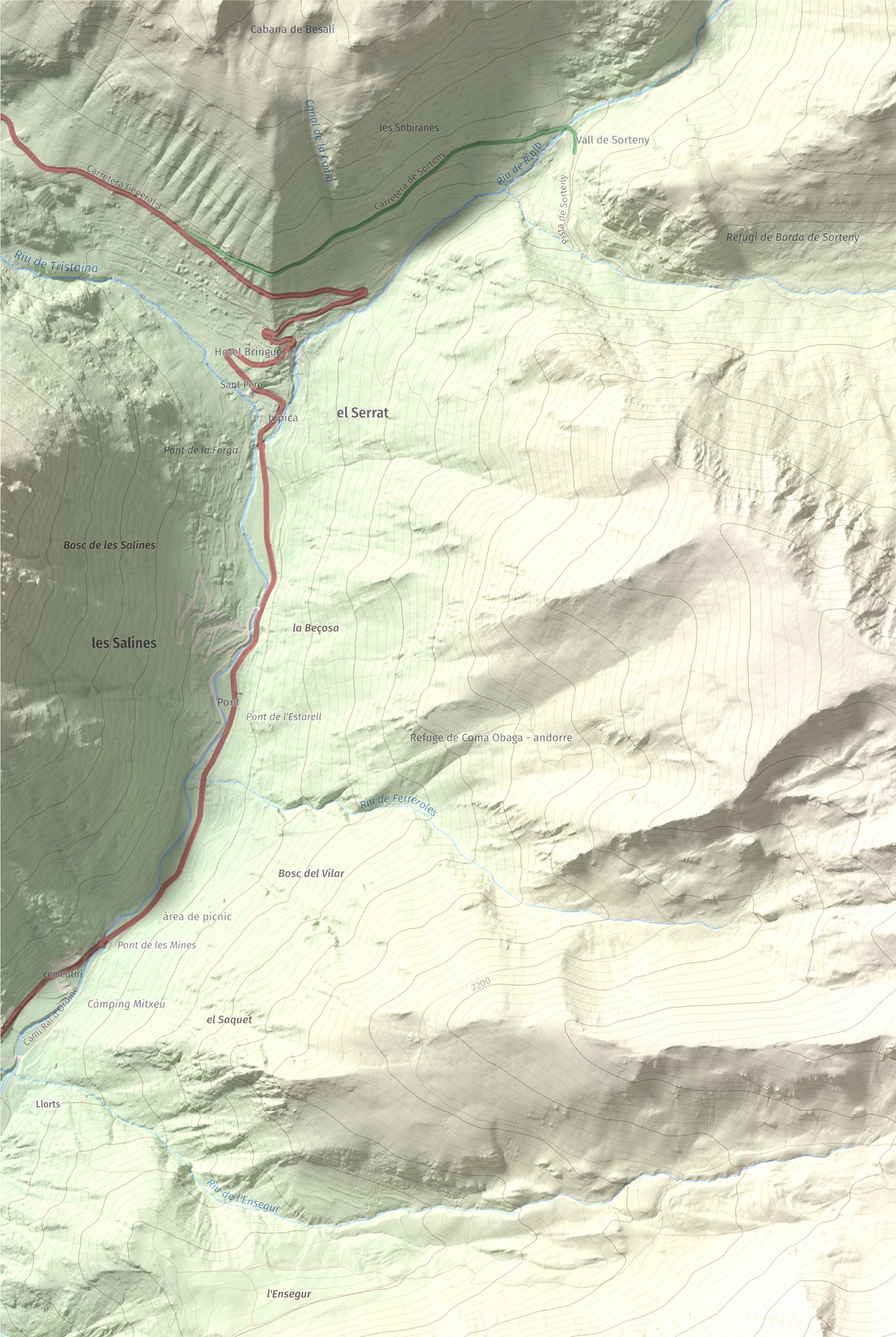 Mapa de relieve de Casamanya Nord, 2750 m, Andorra, lámina 100 Cims de Trobart. Detalle de la zona superior izquierda. 61 × 91 cm.