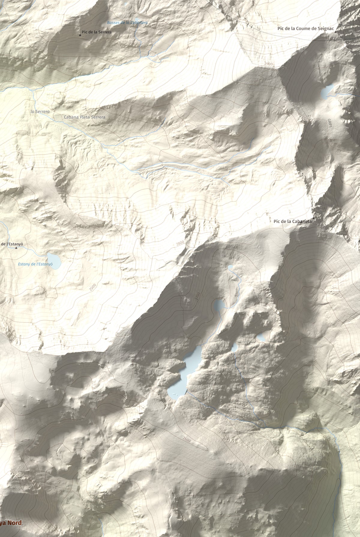 Mapa de relieve de Casamanya Nord, 2750 m, Andorra, lámina 100 Cims de Trobart. Detalle de la zona superior derecha. 61 × 91 cm.