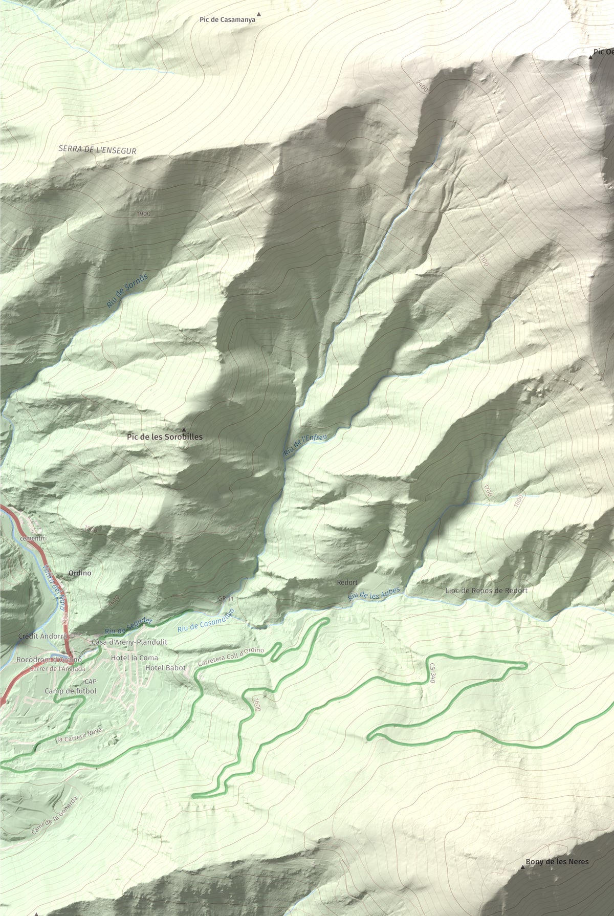 Mapa de relieve de Casamanya Nord, 2750 m, Andorra, lámina 100 Cims de Trobart. Detalle de la zona inferior izquierda. 61 × 91 cm.