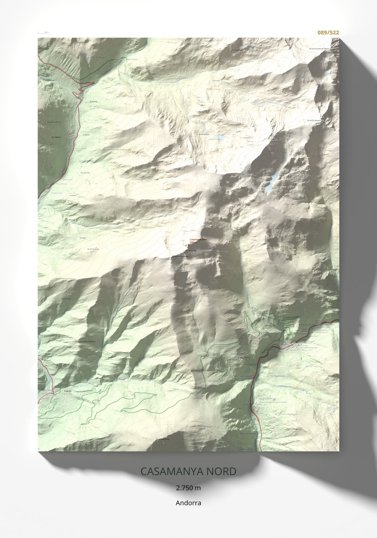 Mapa de relieve de Casamanya Nord, 2750 m, Andorra, lámina 100 Cims de Trobart 70 × 100 cm.
