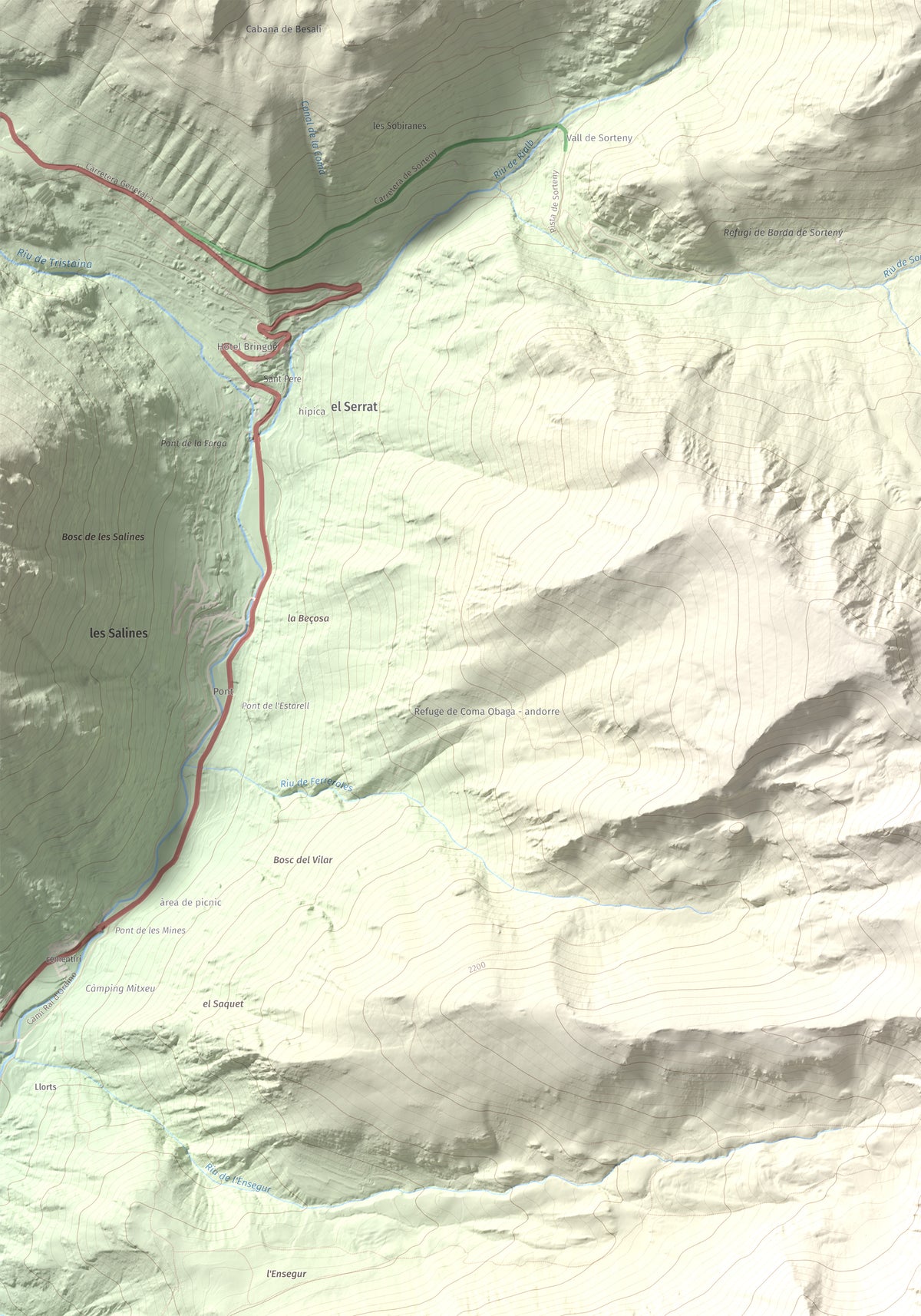 Mapa de relieve de Casamanya Nord, 2750 m, Andorra, lámina 100 Cims de Trobart. Detalle de la zona superior izquierda. 70 × 100 cm.