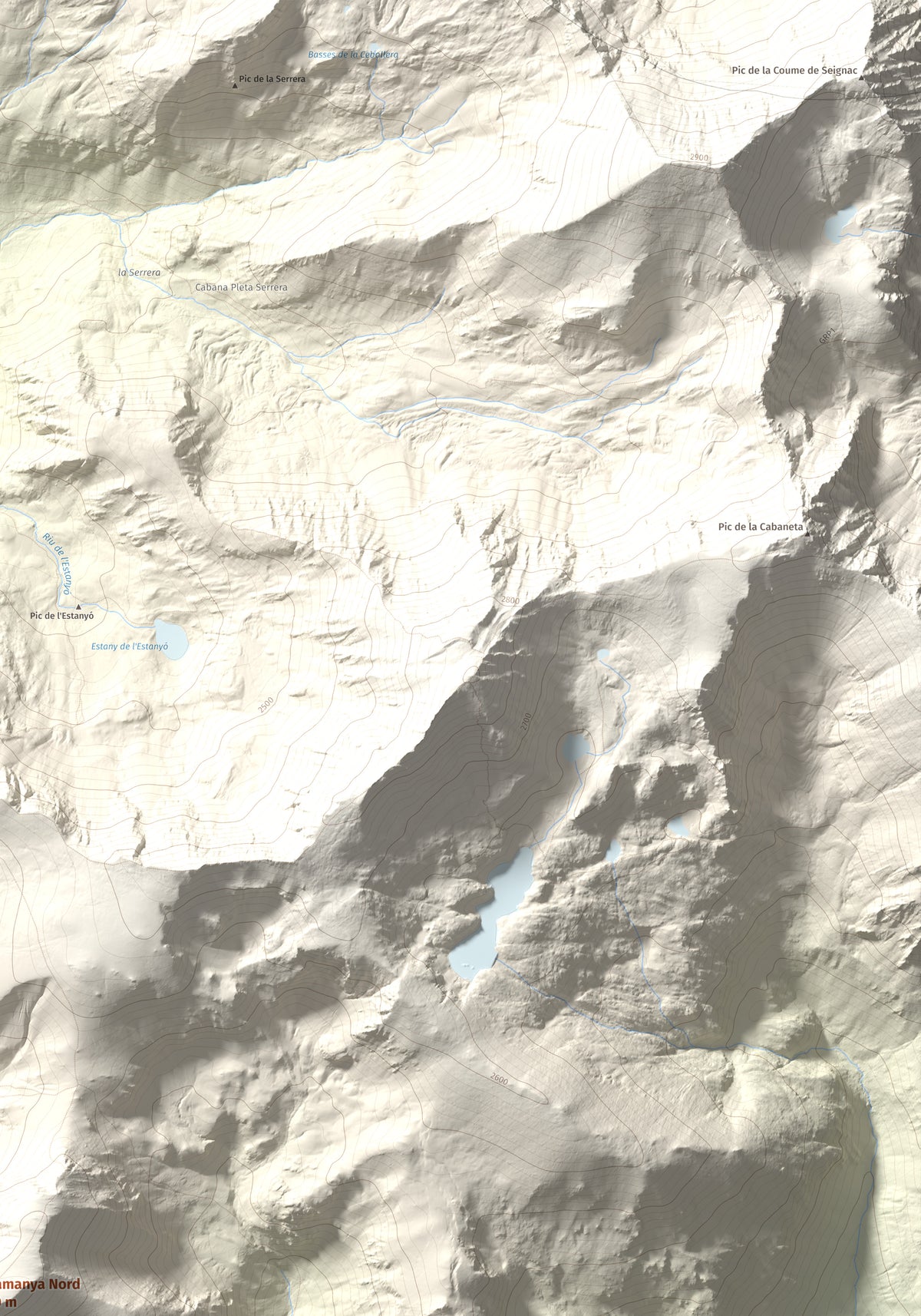 Mapa de relieve de Casamanya Nord, 2750 m, Andorra, lámina 100 Cims de Trobart. Detalle de la zona superior derecha. 70 × 100 cm.