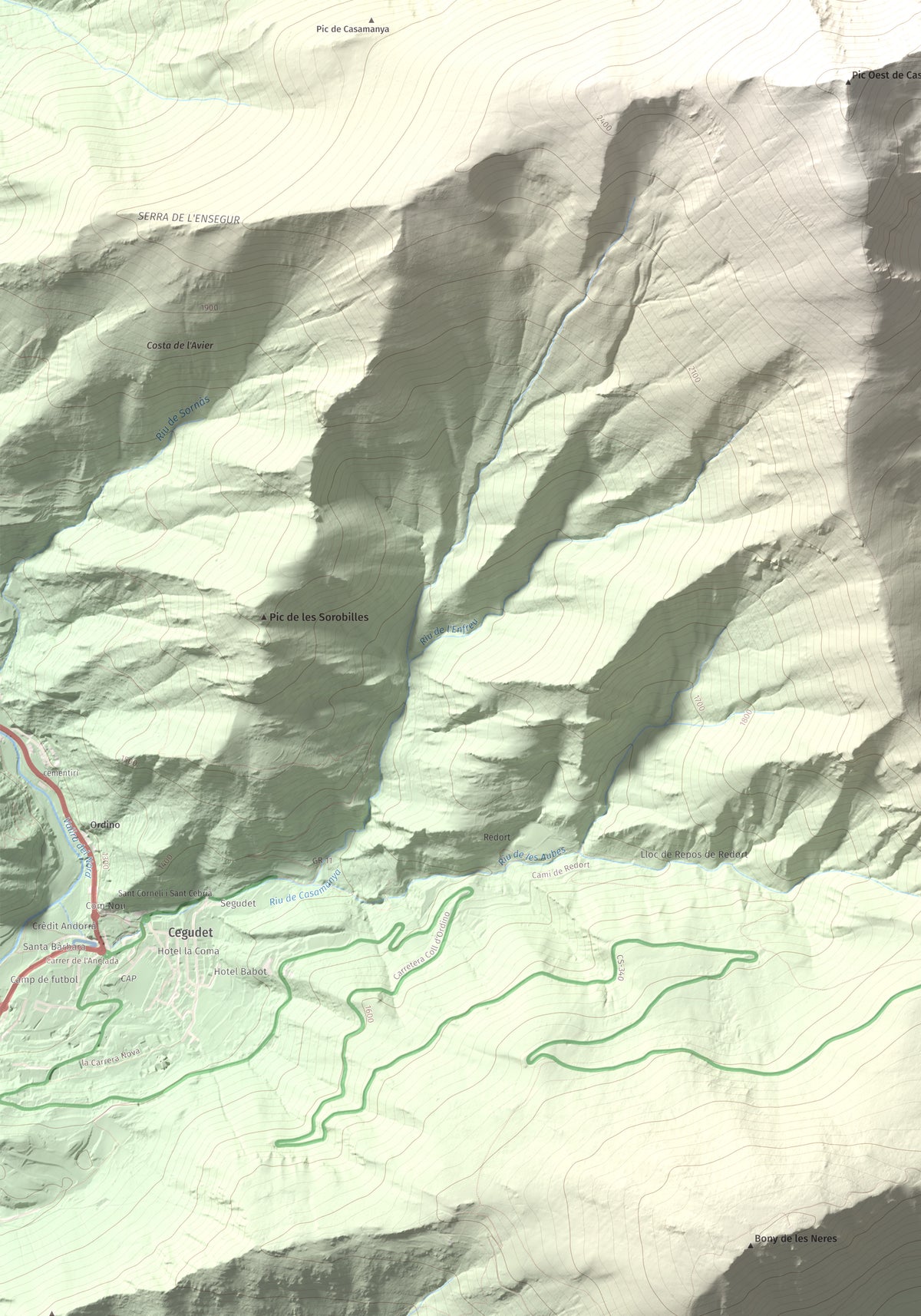 Mapa de relieve de Casamanya Nord, 2750 m, Andorra, lámina 100 Cims de Trobart. Detalle de la zona inferior izquierda. 70 × 100 cm.