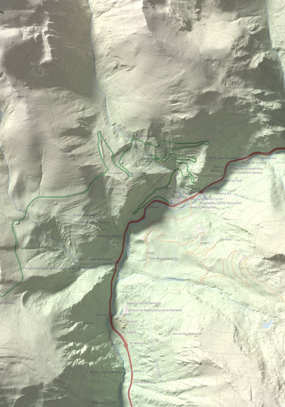 Mapa de relieve de Casamanya Nord, 2750 m, Andorra, lámina 100 Cims de Trobart. Detalle de la zona inferior derecha. 70 × 100 cm.