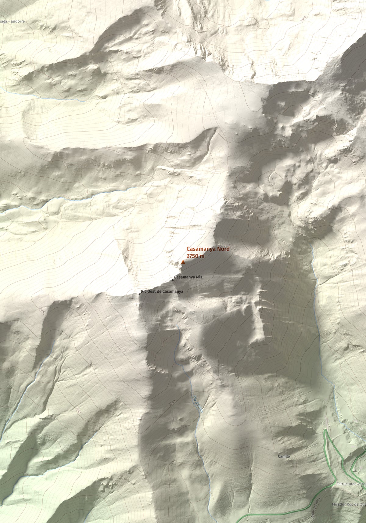 Mapa de relieve de Casamanya Nord, 2750 m, Andorra, lámina 100 Cims de Trobart. Detalle de la zona central. 70 × 100 cm.