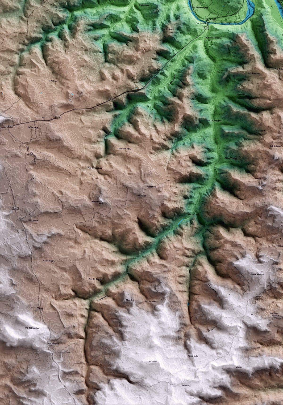 Mapa artístico del relieve de Caseres, a la Terra Alta, con 15 km de entorno y base topográfica ICGC. Detalle de la zona inferior izquierda.