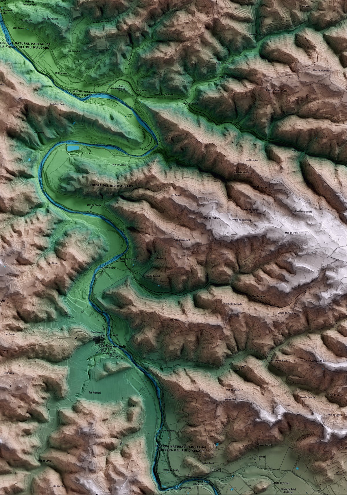 Mapa artístico del relieve de Caseres, a la Terra Alta, con 15 km de entorno y base topográfica ICGC. Detalle de la zona inferior derecha.