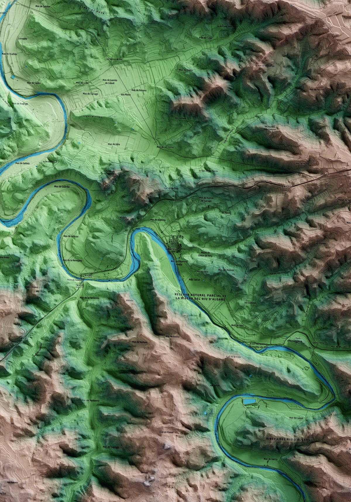 Mapa artístico del relieve de Caseres, a la Terra Alta, con 15 km de entorno y base topográfica ICGC. Detalle de la zona central.