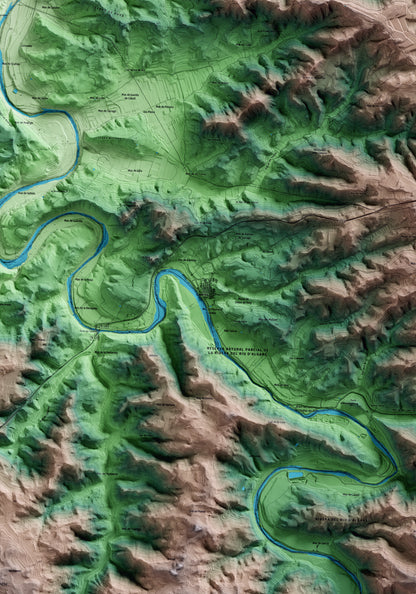 Mapa artístico del relieve de Caseres, a la Terra Alta, con 15 km de entorno y base topográfica ICGC. Detalle de la zona central.