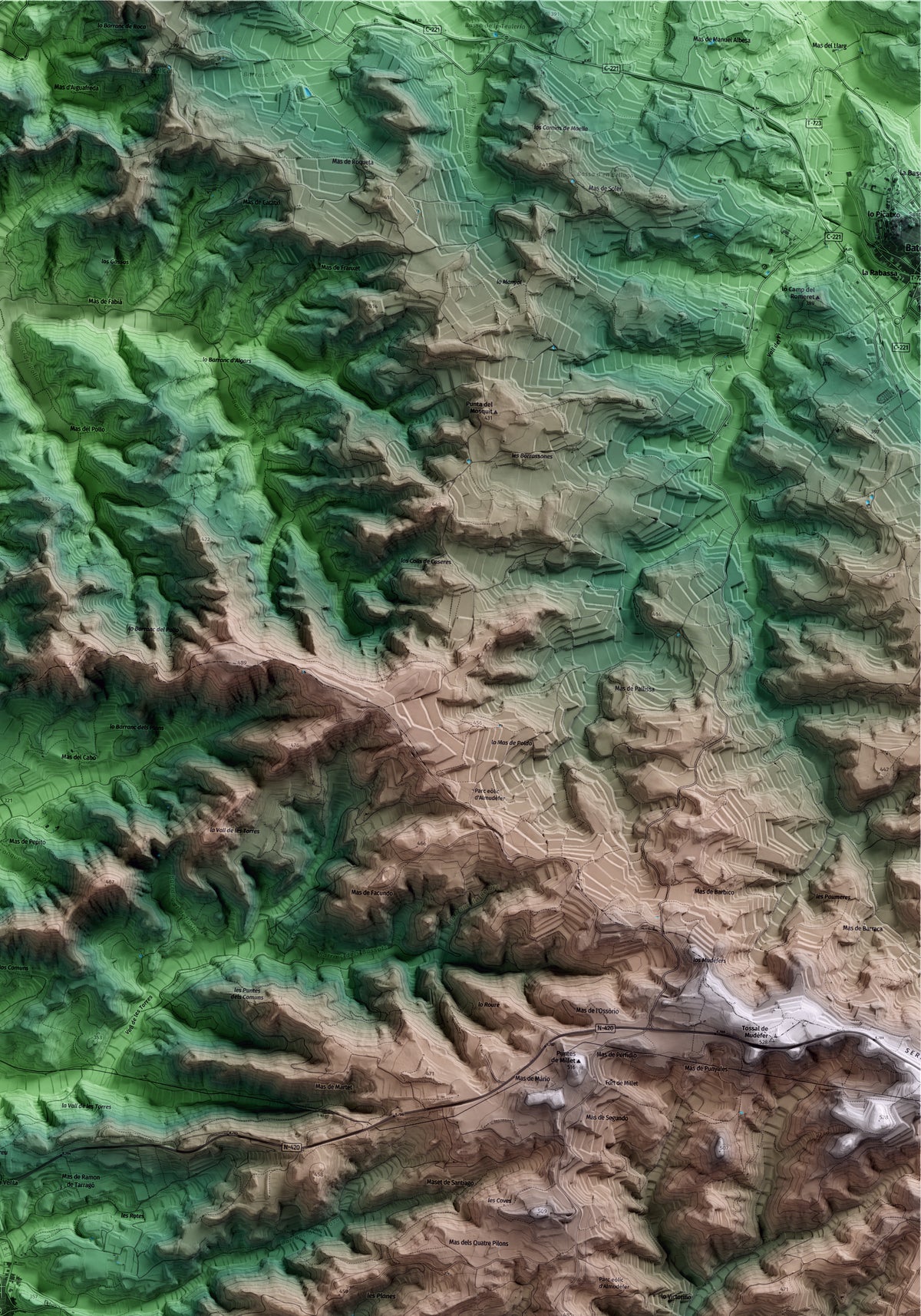 Mapa artístico del relieve de Caseres, a la Terra Alta, con 15 km de entorno y base topográfica ICGC. Detalle de la zona superior derecha.