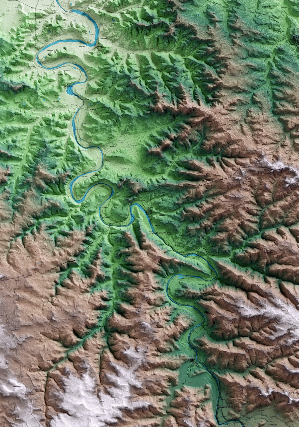 Mapa artístico del relieve de Caseres, a la Terra Alta, con 15 km de entorno y base topográfica ICGC