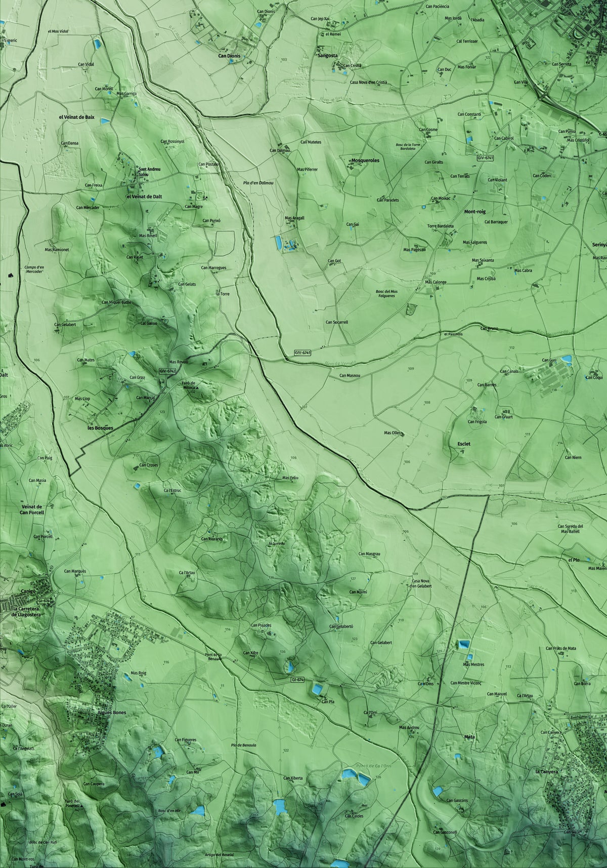 Mapa artístico del relieve de Cassà de la Selva, al Gironès, con 15 km de entorno y base topográfica ICGC. Detalle de la zona inferior izquierda.