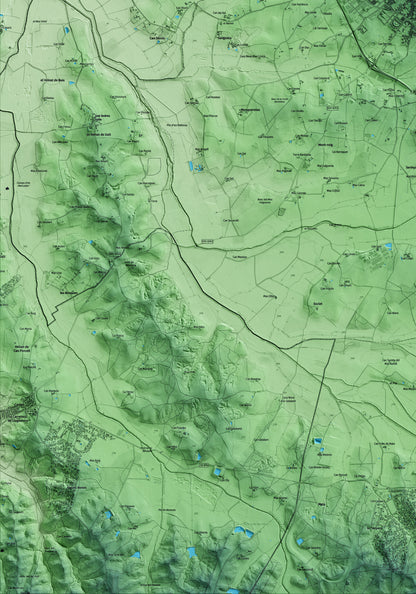 Mapa artístico del relieve de Cassà de la Selva, al Gironès, con 15 km de entorno y base topográfica ICGC. Detalle de la zona inferior izquierda.