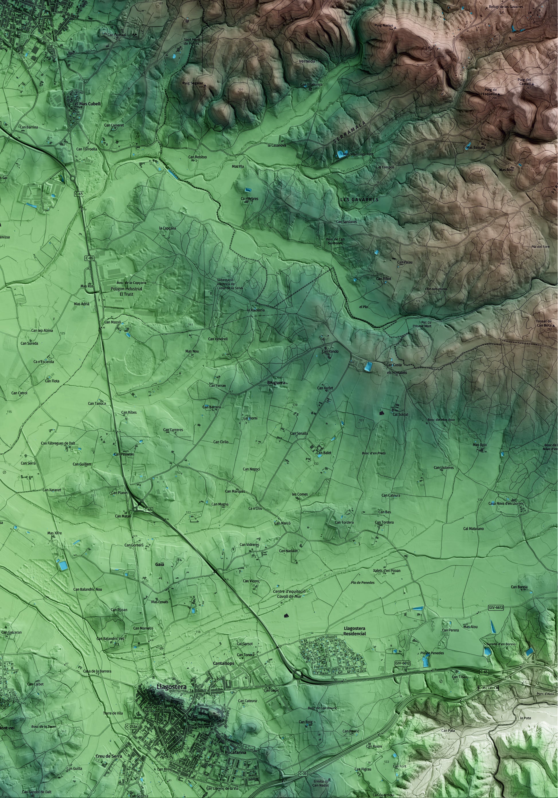 Mapa artístico del relieve de Cassà de la Selva, al Gironès, con 15 km de entorno y base topográfica ICGC. Detalle de la zona inferior derecha.
