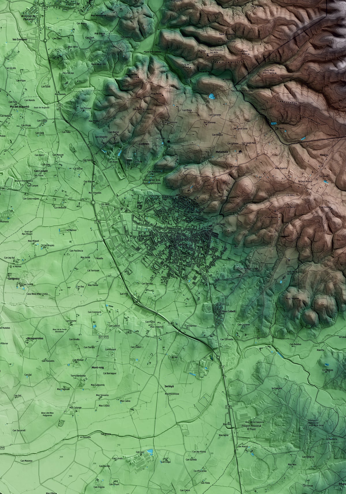 Mapa artístico del relieve de Cassà de la Selva, al Gironès, con 15 km de entorno y base topográfica ICGC. Detalle de la zona central.