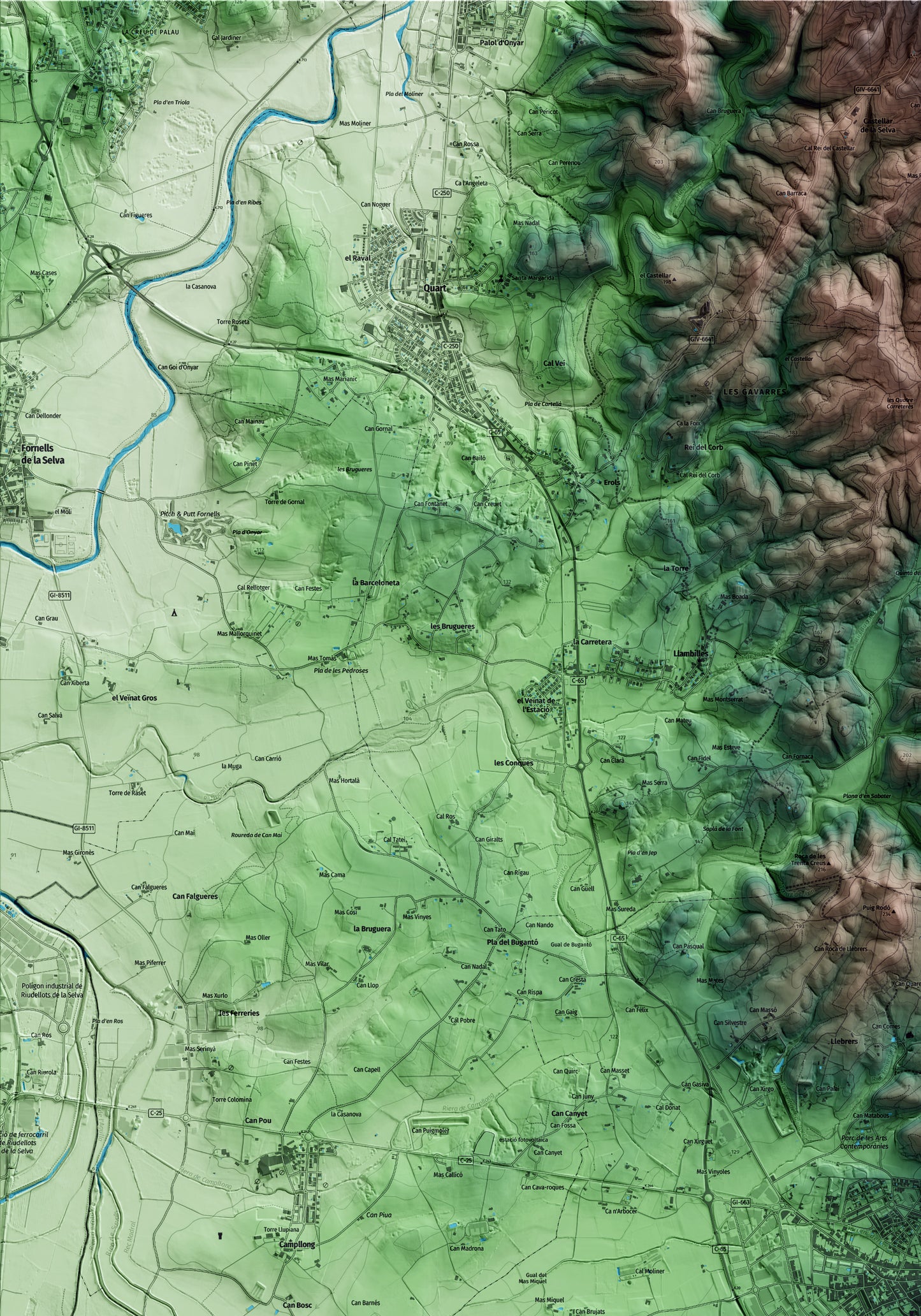 Mapa artístico del relieve de Cassà de la Selva, al Gironès, con 15 km de entorno y base topográfica ICGC. Detalle de la zona superior izquierda.