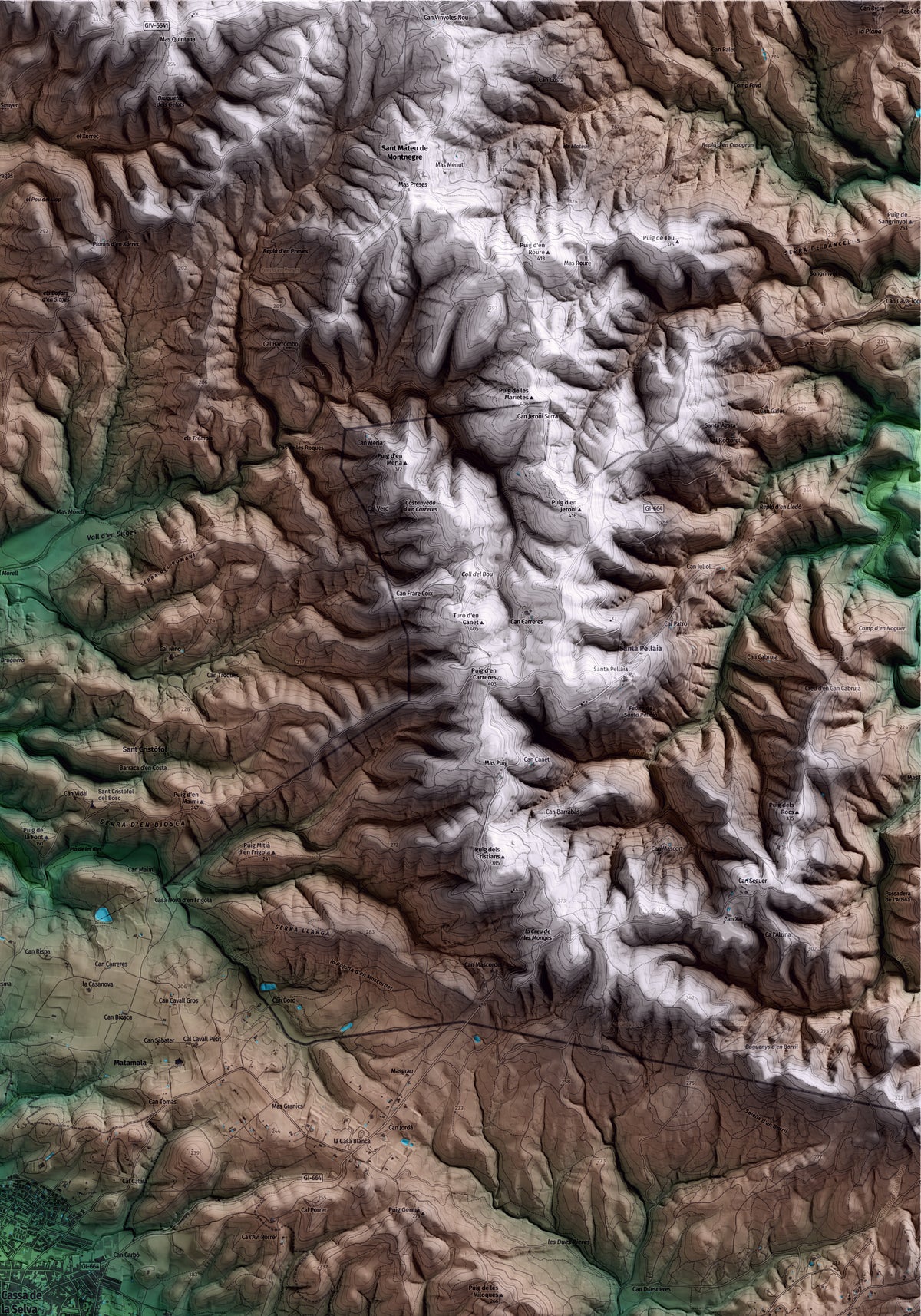 Mapa artístico del relieve de Cassà de la Selva, al Gironès, con 15 km de entorno y base topográfica ICGC. Detalle de la zona superior derecha.